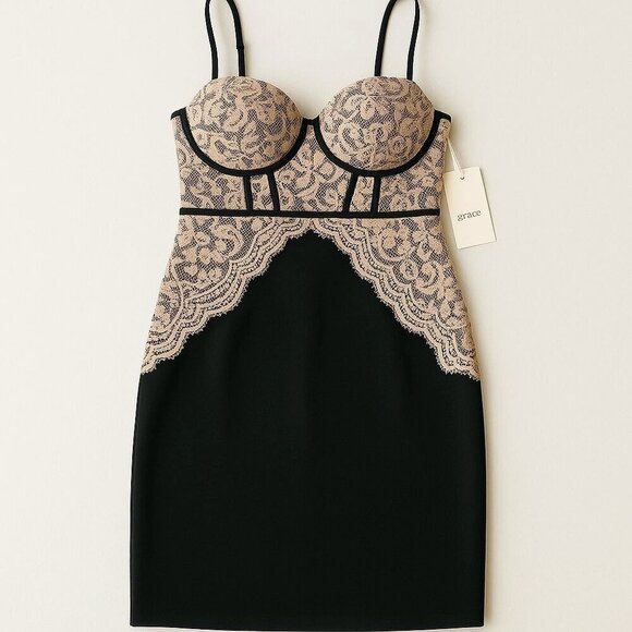 Blashe ✦ Black & Pink Lace Bustier Mini Dress ✦ Curve-Hugging w/ Padded Cups L - Picture 8 of 16